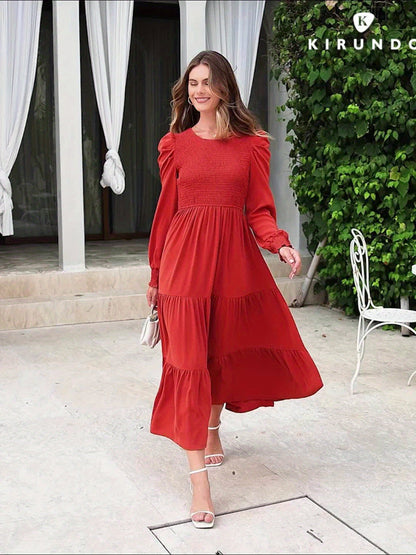 Women's Fall Wedding Guest Dress Long-sleeved Extra-long Dress Casual Crew-neck Pleated A-line Flowing Dress