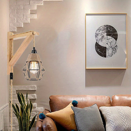 1PC Rustic Farmhouse Wall Lamp with Wood Shelf Bracket - Plug In Wall Sconces with Switch Cord for Living Room, Bedroom - Easy Installation, Space-Saving Design, and Versatile Lighting Solution (Not Include Bulb)