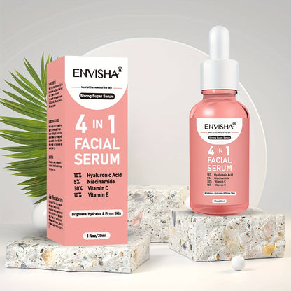 Unisex 4 in 1 Facial Serum - ENVISHA 1 Fl.Oz Moisturizing Drops with Hyaluronic Acid, Niacinamide, Vitamin C & E for All Skin Types, Unscented Face Care