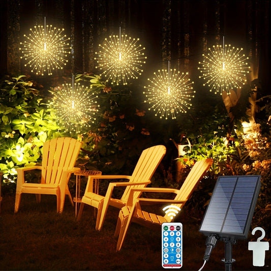 5pcs 450LED Solar Starburst Lanterns with Remote Timer - 8 Modes, Adjustable Brightness, Fairy Lights for Yard, Party Tents, Christmas, and More - Pure Copper Wire, 1200mAh Lithium Battery, Outdoor Lighting | Starburst Design