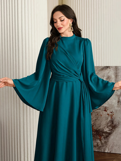 Elegant Teal Asymmetrical Long Dress with Bell Sleeves and High Neckline - Flowing A-Line Silhouette, Perfect for Formal Events, Formal Event Attire|Asymmetrical Hemline|Polyester Fabric