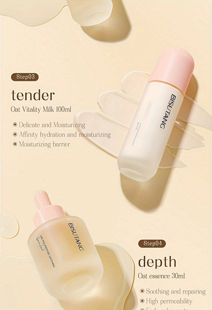Bisutang Oat Peptide Vitality 7-Piece Skincare Set - Hypoallergenic Face Care Kit with Cleanser, Toner, Serum, Cream, Eye Cream: Nourishing Plant Squalane, Ideal Gift for Women for Mother's Day, Valentine's Day