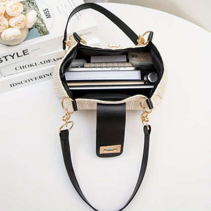 Women'S 2025 New Year Handwoven Straw Tote Bag - Black Accents, Honeycomb Pattern, Adjustable Shoulder Strap, Kiss Lock Closure, Machine Washable, Beach & Casual Style, Casual Tote Bag|Honeycomb Pattern Bag|Durable Handle Bag