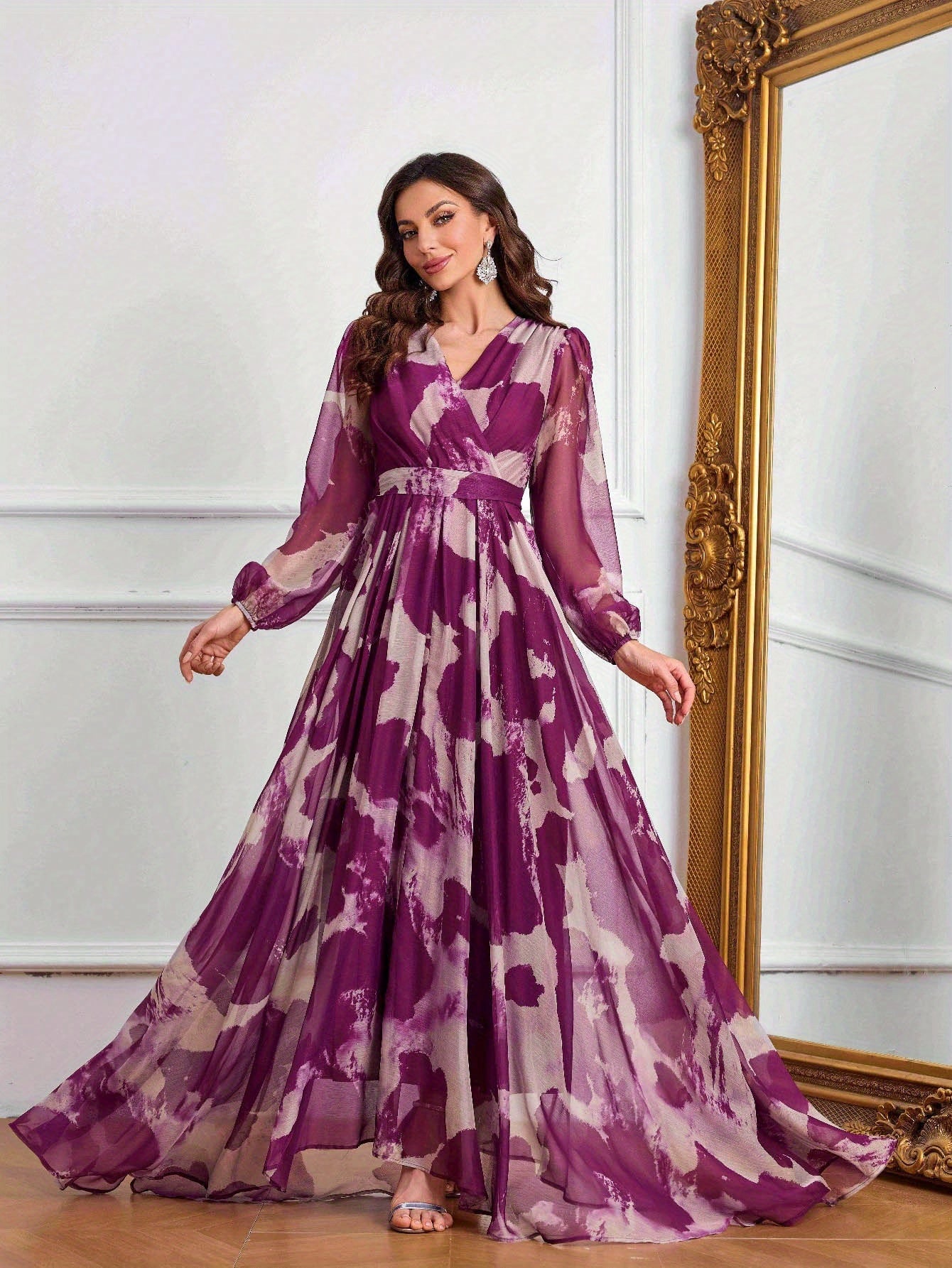 Women's Elegant V-Neck Long Formal Dress - Non-Stretchy Flowy Gown in Purple/White/Black/Gray/, Belted Waist for Weddings, Galas, Office Events - All-Season Formal Party Evening Attire, Long Sleeve Formal Dress, Wedding Guest