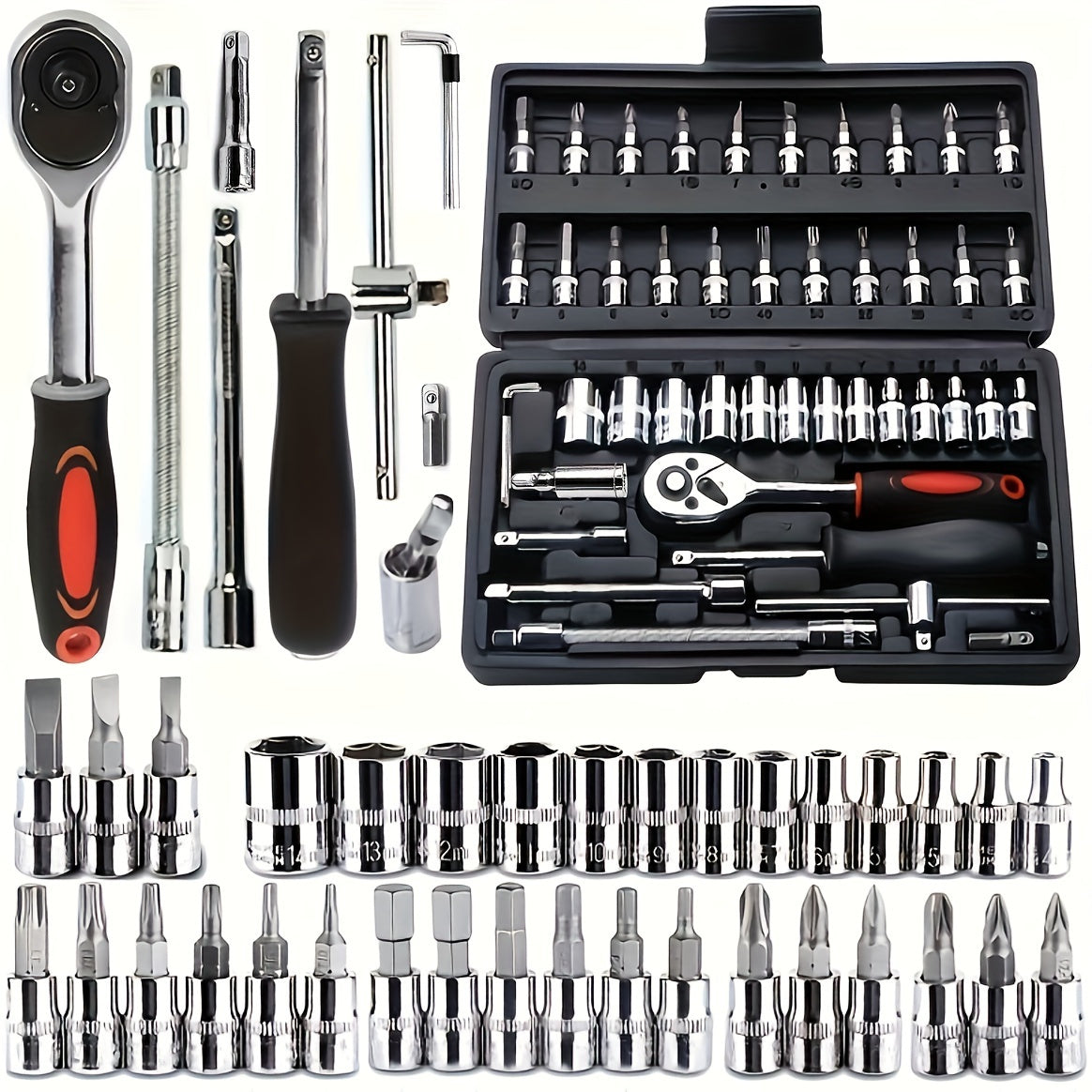 46-piece automobile maintenance tool kit, 1/4 inch drive socket ratchet wrench kit, combined tool kit bicycle automobile maintenance tool.