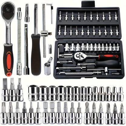 46-piece automobile maintenance tool kit, 1/4 inch drive socket ratchet wrench kit, combined tool kit bicycle automobile maintenance tool.