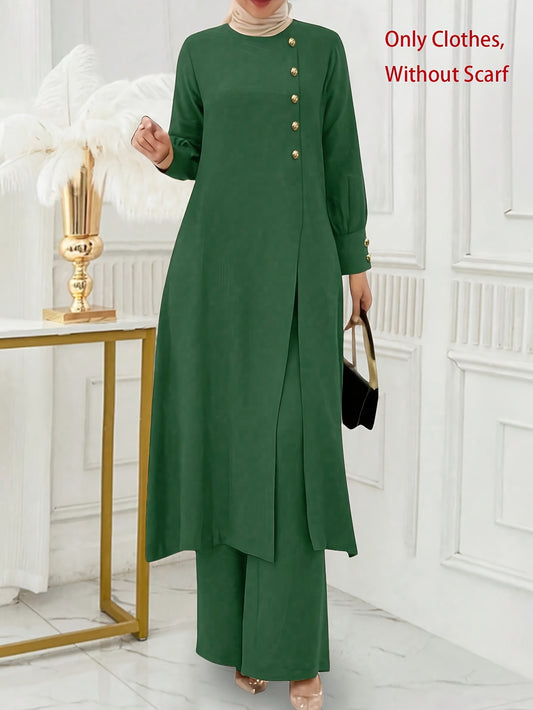 Ramadan, Women's Front-Button Long Sleeve Slit Dress & Pants Casual Arabic Style 2pcs Set, Only Clothes, Without Headscarf