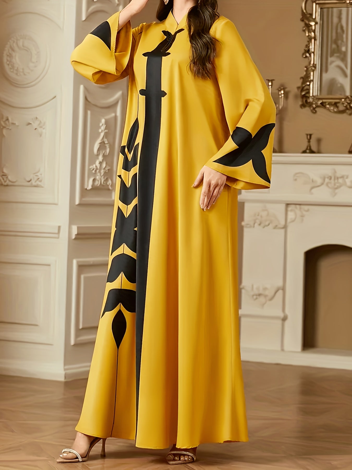 Elegant Yellow Floral Print V-Neck Kaftan Dress - Traditional Loose Fit Long Sleeve Maxi with Black Floral Patterns, Perfect for All Seasons, Festive Attire | Vneck Dress | Polyester Fabric