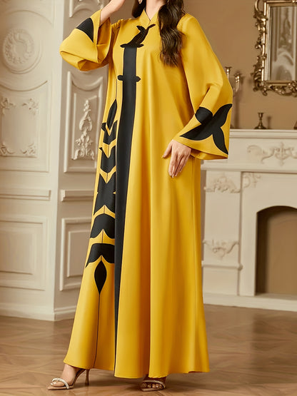 Elegant Yellow Floral Print V-Neck Kaftan Dress - Traditional Loose Fit Long Sleeve Maxi with Black Floral Patterns, Perfect for All Seasons, Festive Attire | Vneck Dress | Polyester Fabric