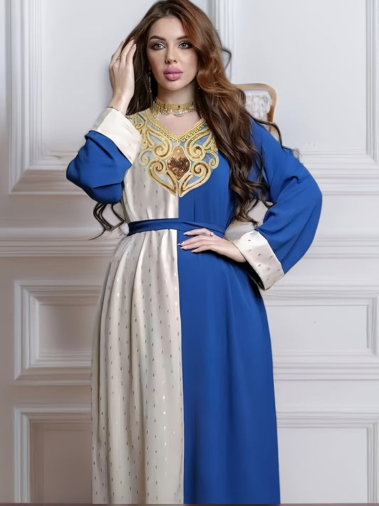 Elegant Middle Eastern Color Blocking Robe with Golden Embellishments - Long Sleeve, Belted, Geometric Pattern, All-Season Wear, Polyester Fabric, Regal Attire|Geometric Pattern Robe|Belted Waistband, Middle Eastern Wear