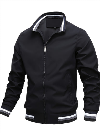 Men'S Retro Hip-Hop Baseball Jacket - Casual Sports Bomber with Stand Collar Zipper, Polyester Fabric - Perfect for Fall and Winter, Casual Weekend Wear, Casual Jacket|Hip Hop Style|Zippered Jacket
