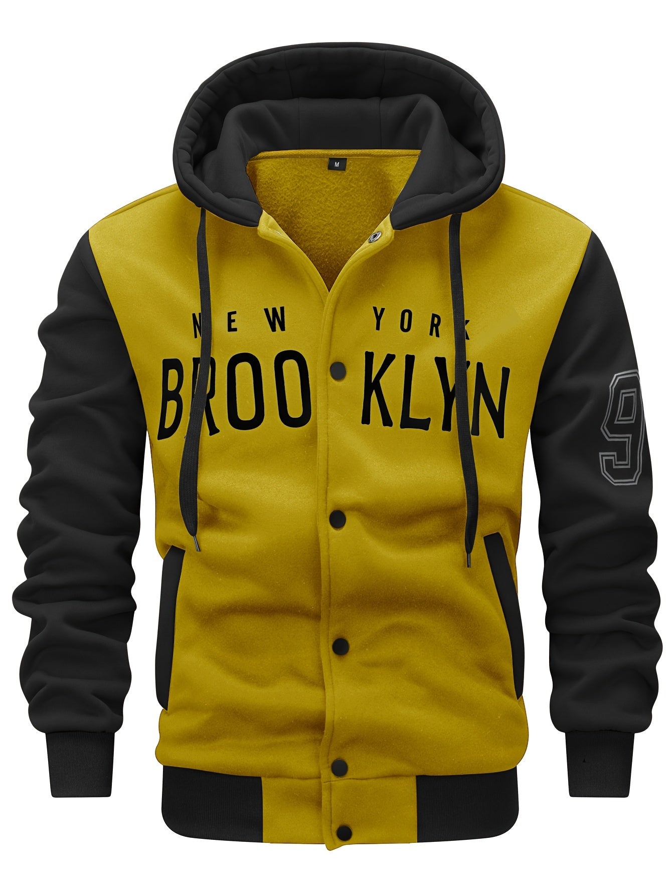Men'S New Fall/Winter Casual Printed Hooded Baseball Jacket, Knitted Fabric, Regular Fit, Long Sleeve, Letter Pattern, Pocket, Single Button Closure, Daily & Leisure Wear