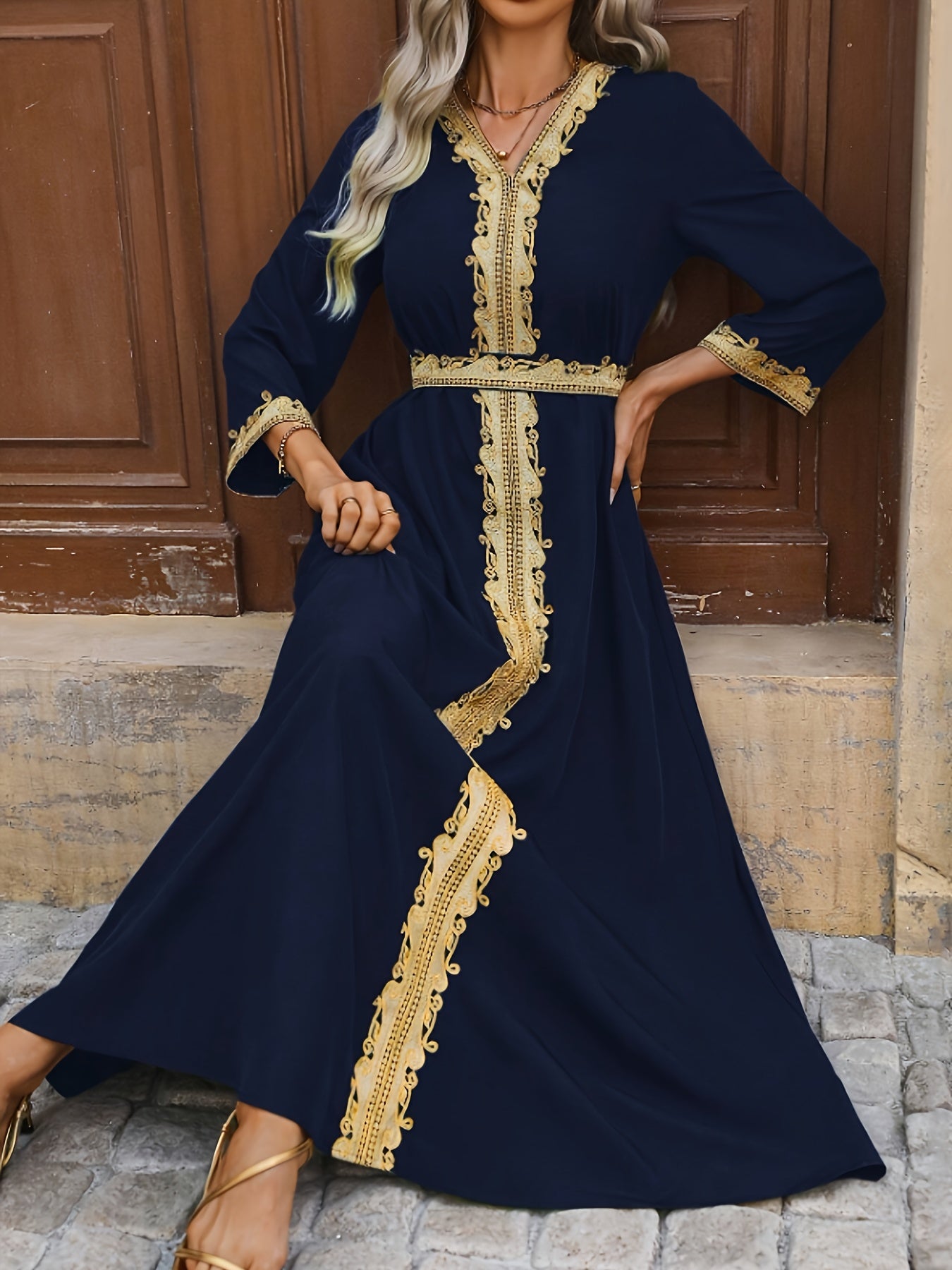 Women's Elegant Middle Eastern Maxi dress - Navy Blue Formal & casual gown with Long Sleeves, Non-Stretchy Elegant attire for Weddings, Cultural Events, Casual Attire - Machine Washable Traditional Dress, Formal Dresses, Vaca