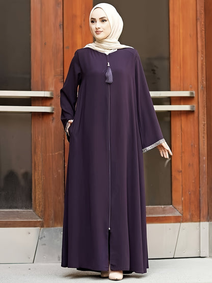 Middle Eastern Muslim Solid Color Zippered Tassel Round Neck Long Sleeve Sequined Women's Casual Abaya & No Headscarf