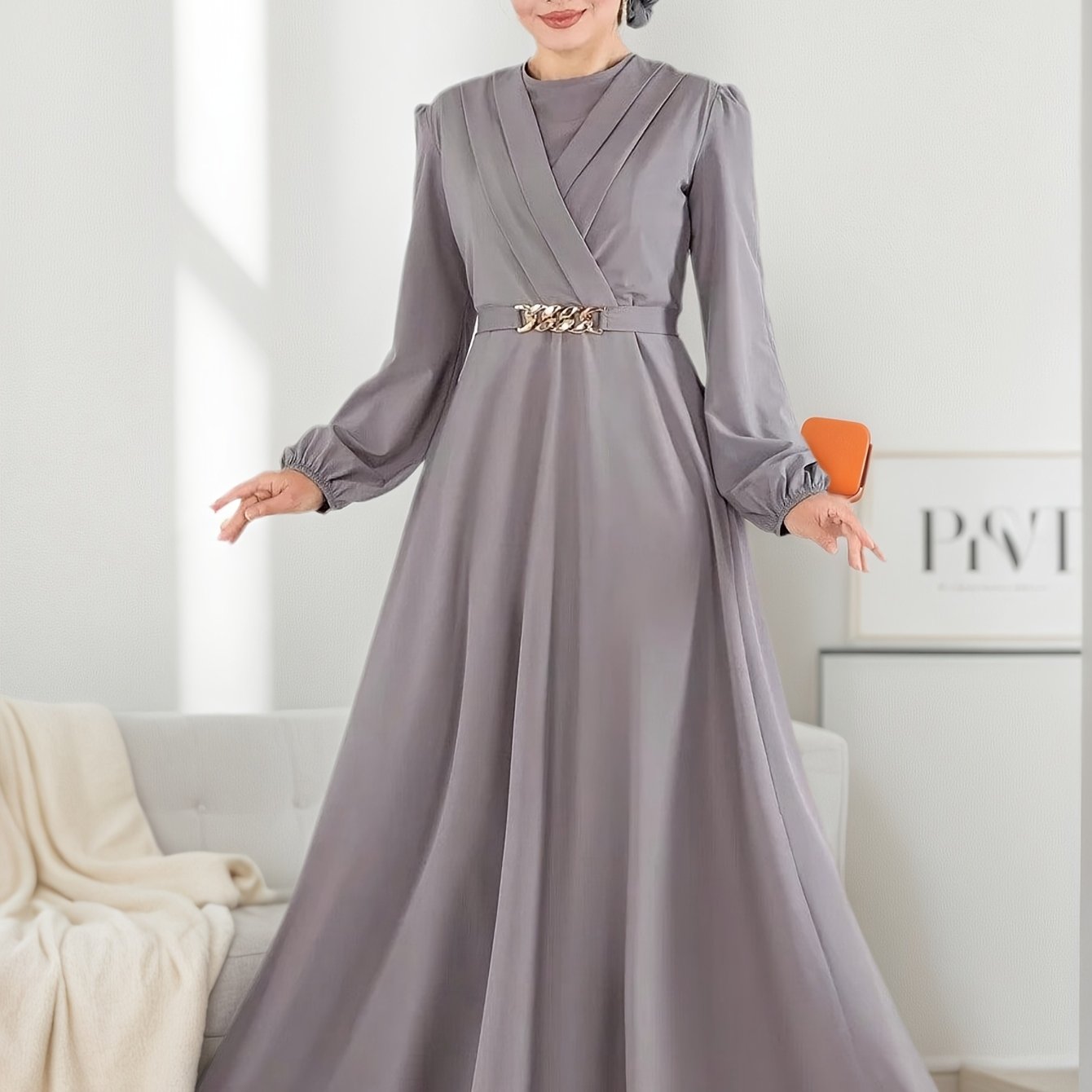 Modest Women's Elegant Traditional Arabic Jalabiya Abaya Dress with Lantern Sleeves & Adjustable Belt - Long Flowing Floor-Length Robe, Round Neck, Loose Fit, Machine Washable, All-Season Wear for Muslim Women, Casual & Forma