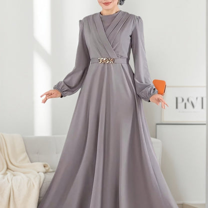 Modest Women's Elegant Traditional Arabic Jalabiya Abaya Dress with Lantern Sleeves & Adjustable Belt - Long Flowing Floor-Length Robe, Round Neck, Loose Fit, Machine Washable, All-Season Wear for Muslim Women, Casual & Forma
