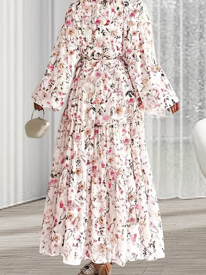 1pc Elegant Floral Print Long Dress for Women, Polyester Peplum with Belt Detail, Crew Neck, Spring/Summer Collection, Woven Fabric