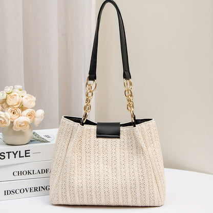 Women'S 2025 New Year Handwoven Straw Tote Bag - Black Accents, Honeycomb Pattern, Adjustable Shoulder Strap, Kiss Lock Closure, Machine Washable, Beach & Casual Style, Casual Tote Bag|Honeycomb Pattern Bag|Durable Handle Bag