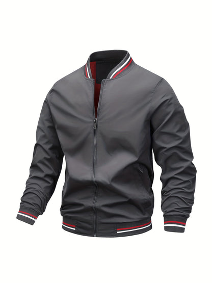 1pc, Spring And Fall Men's Striped Sports Fashion Jacket, Baseball Collar Zip Up Casual Jacket For Mountaineering And Daily Outings