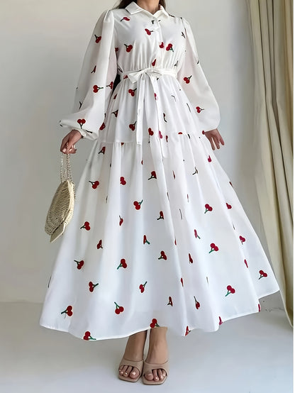 Elegant White Floral Print Long Sleeve Dress for Women - Polyester, Non-Stretch, Machine Washable - Perfect for Spring & Fall, All-Season Wear, Spring Fashion | Floral Print Dress | Polyester Fabric