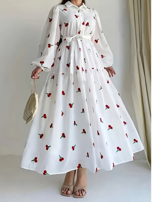 Elegant White Floral Print Long Sleeve Dress for Women - Polyester, Non-Stretch, Machine Washable - Perfect for Spring & Fall, All-Season Wear, Spring Fashion | Floral Print Dress | Polyester Fabric