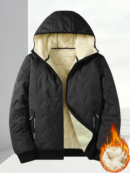 Men'S Winter Warm Fleece-Lined Zip-Up Hooded Jacket with Pockets - Navy Blue & Beige Color Block, Comfortable Polyester Fabric, Ideal for Outdoor Activities, Running, and Casual Wear, Winter Jacket