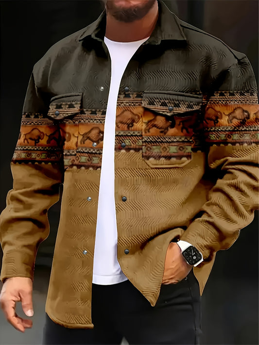 Men'S Casual Button-Up Jacket with Chest Pockets - Solid Color Regular Fit Autumn Winter Coat, Polyester Lined for Outdoor Travel & Daily Office Wear, Classic Collar Design, Durable Fabric Coat