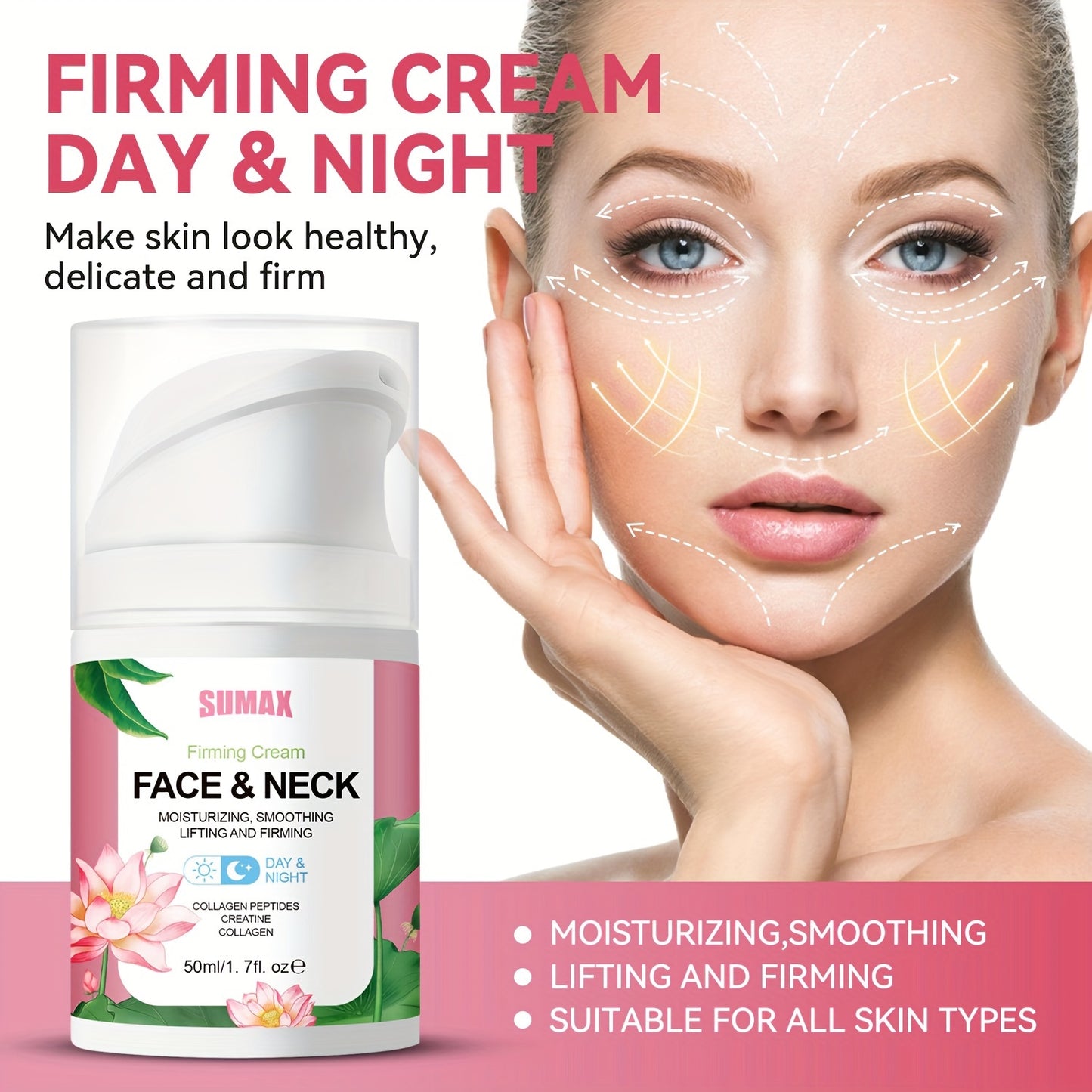 Sumax 1.69oz For Lotus Collagen Peptide Firming Face Cream - Contains Collagen, Retinol & Plant Squalane, Enhances Elasticity & Moisture For Smoother Skin, Alcohol-Free