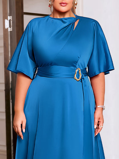 Plus Size Elegant Long Dress, Solid Color Polyester Spandex Blend Crew Neck Short Sleeve Fitted with Belt Detail