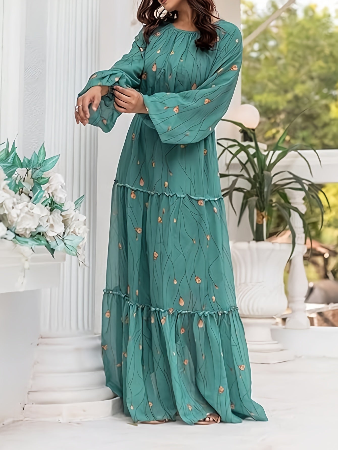 Women's Elegant Turquoise Green Boho Maxi Dress with Puffed Sleeve & A-Line Silhouette - Floor-Length Formal & Everyday Traditional Indian-Inspired Long Dress, Machine Washable for Weddings, Parties, Festivals, Dress for Wome