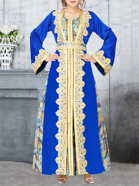 1pc Elegant Middle Eastern Tribal Print Kaftan Dress - Polyester Long Sleeve Square Neck with Belt Detail, Fitted A-Line Silhouette for Spring/Summer/Fall