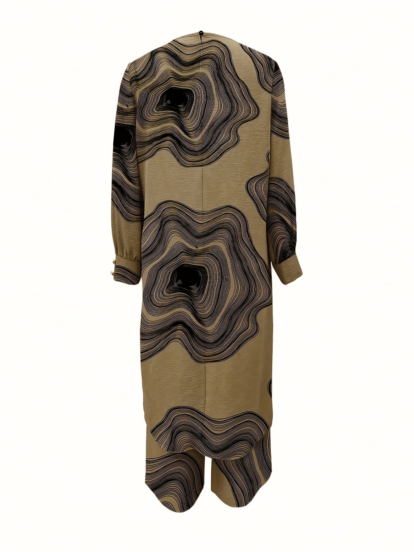 Ramadan Women'S Solid Color Button Design Long Sleeve Top and Pants Set, Arabic Style, Polyester, with Faux Button Detail, for All Seasons