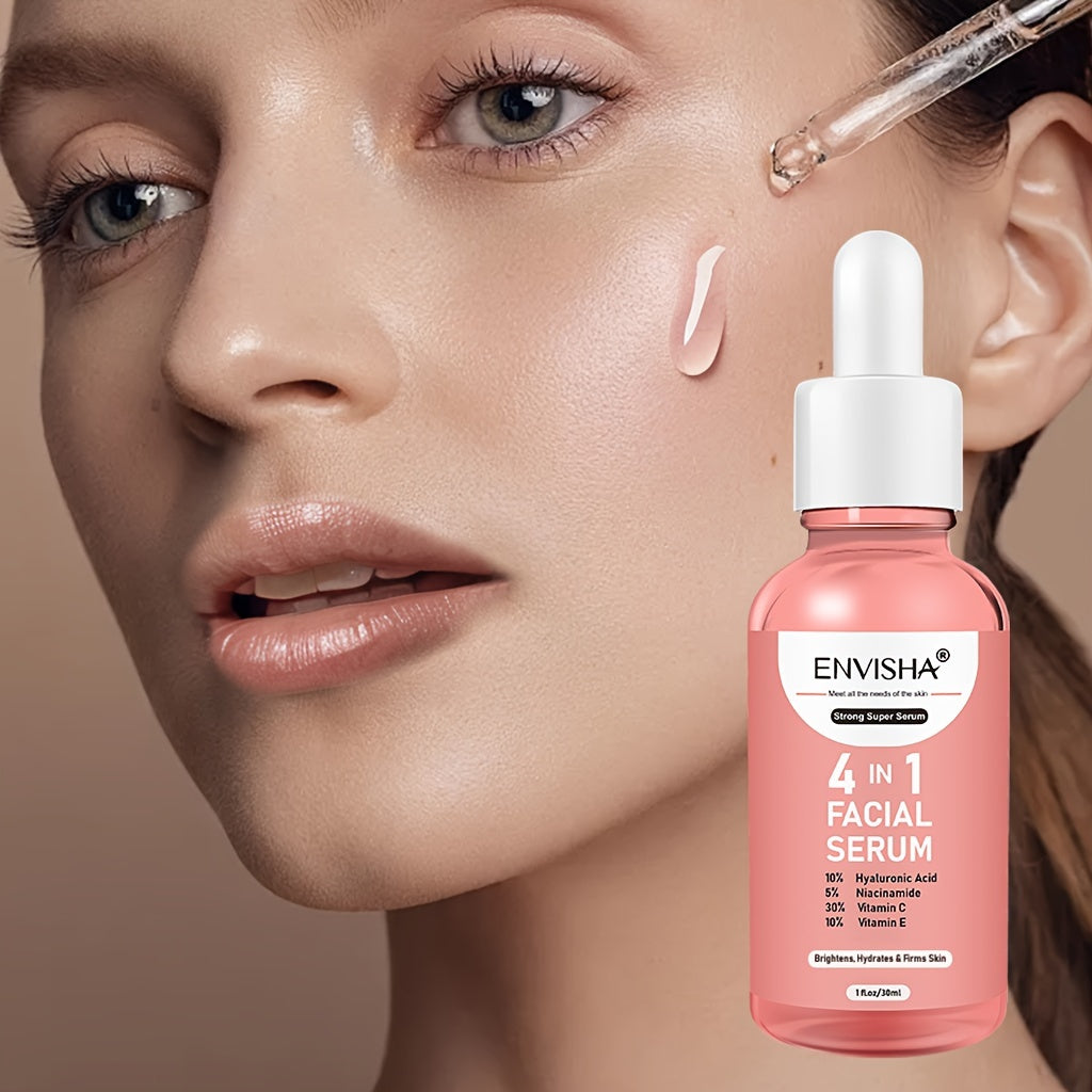 Unisex 4 in 1 Facial Serum - ENVISHA 1 Fl.Oz Moisturizing Drops with Hyaluronic Acid, Niacinamide, Vitamin C & E for All Skin Types, Unscented Face Care