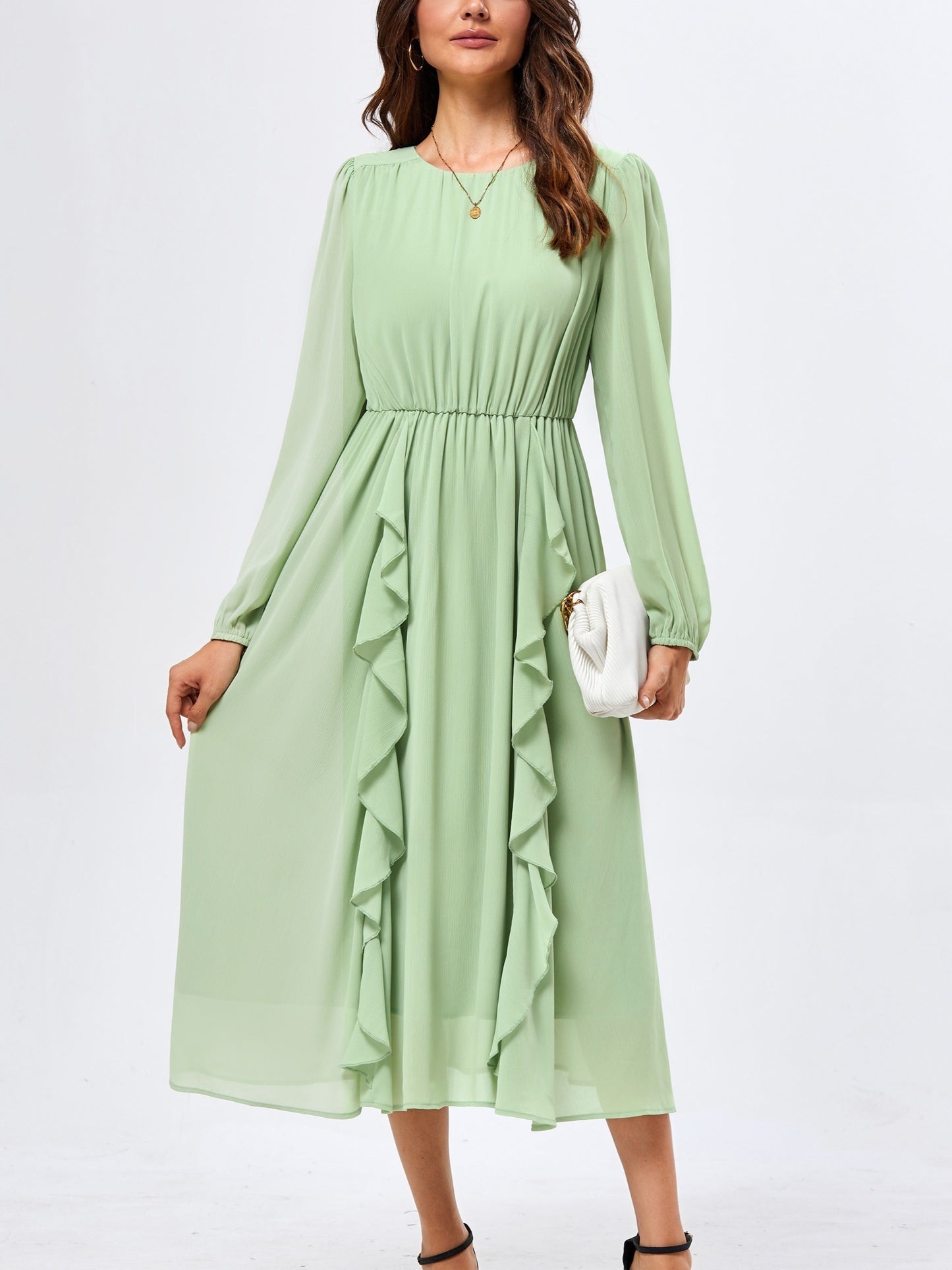 Womens Long Sleeve Wedding Guest Dresses Flowy Chiffon Ruffled A Line Midi Dresses 2024 Fall Casual Long Dress