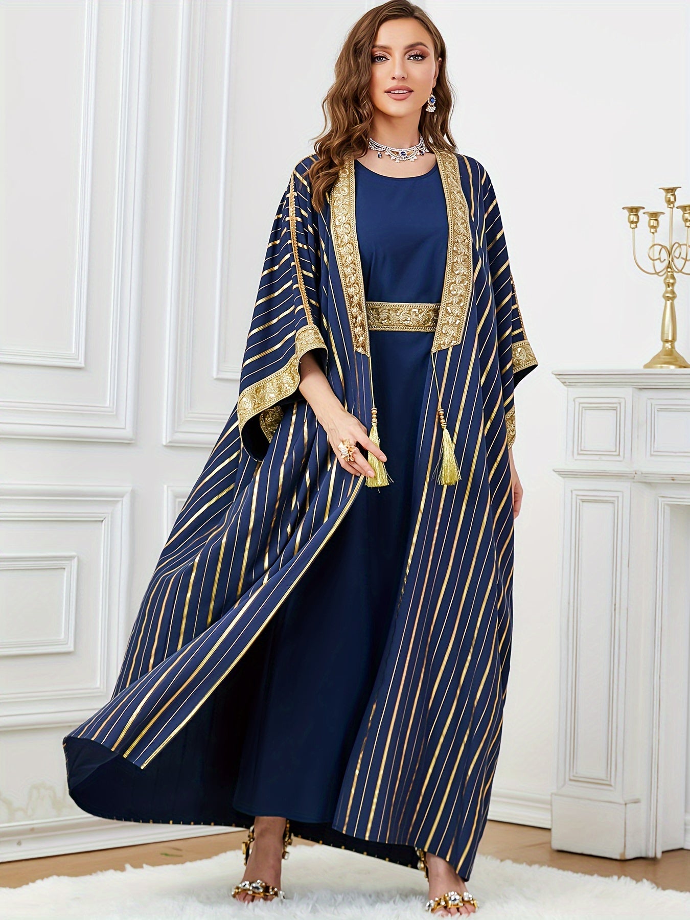 Oriented Spot Middle East Dubai Muslim Women's Abaya Four Seasons Round Neck Ramadan New Long Dress Regular Fit Ultra Thick Texture Super Soft Fabric Open Front Two-Piece Set Golden Belt Craft Flared Sleeve Lightweight Elegan