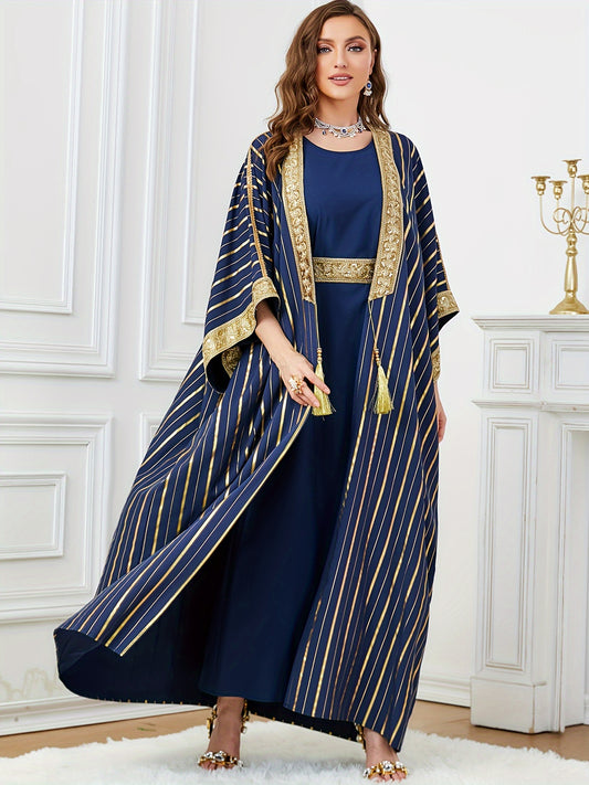 Oriented Spot Middle East Dubai Muslim Women's Abaya Four Seasons Round Neck Ramadan New Long Dress Regular Fit Ultra Thick Texture Super Soft Fabric Open Front Two-Piece Set Golden Belt Craft Flared Sleeve Lightweight Elegan