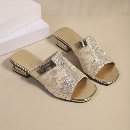 Women'S Glittery Mesh Shoes with Golden-Tone Metallic Accents - Breathable Open-Toe Slip-Ons, Non-Slip Rubber Sole for Travel, Vacation, Daily Wear & Festivals, Festival Footwear, Decorative Embellishments, Comfortable PU Ins