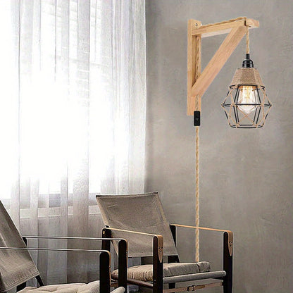 1PC Rustic Farmhouse Wall Lamp with Wood Shelf Bracket - Plug In Wall Sconces with Switch Cord for Living Room, Bedroom - Easy Installation, Space-Saving Design, and Versatile Lighting Solution (Not Include Bulb)