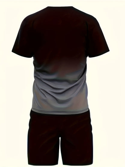 2pcs 2-Piece Gradient Summer Men's Set: Round Neck T-shirt & Elastic Waist Shorts with Pockets