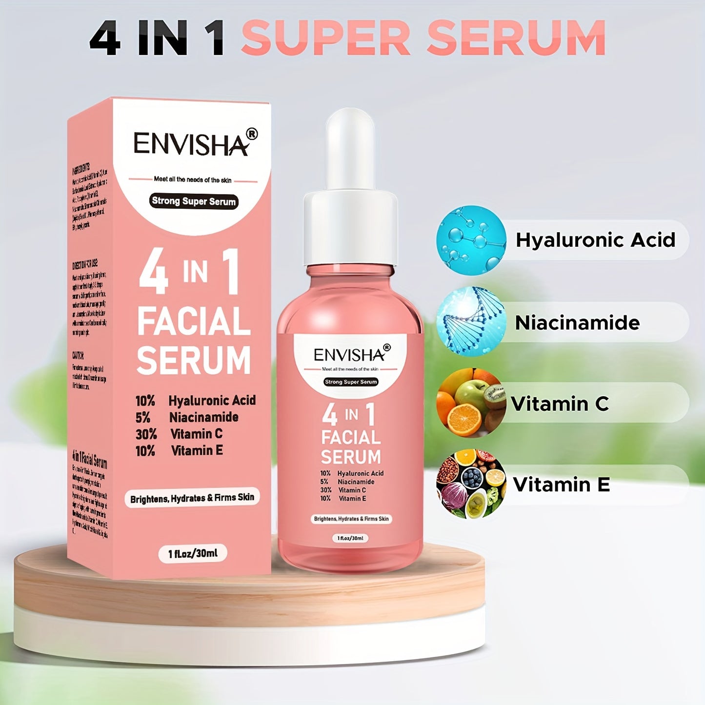 Unisex 4 in 1 Facial Serum - ENVISHA 1 Fl.Oz Moisturizing Drops with Hyaluronic Acid, Niacinamide, Vitamin C & E for All Skin Types, Unscented Face Care
