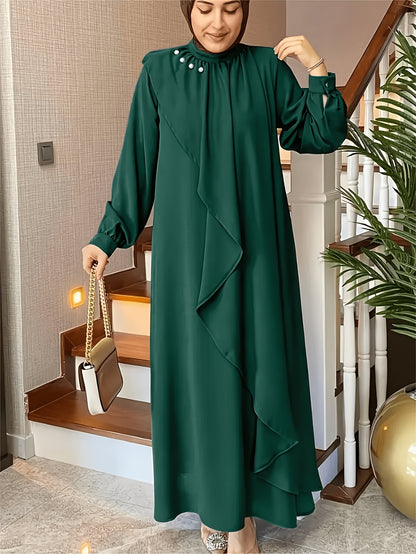 Elegant Green Long Skirt Dress for Women - Loose Fit, Round Neck, Lantern Sleeves, Embellished with Pearls, Perfect for Casual or Formal Occasions, Casual Elegant Wear | Embellished Dress | Flowing Skirt