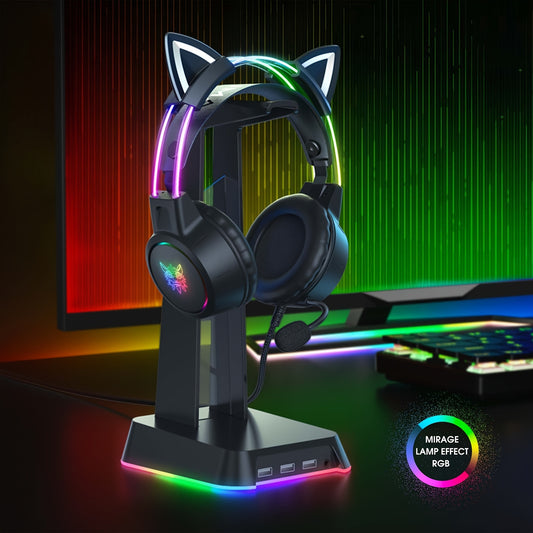 1pc ONIKUMA Wired Gaming Headset with Dynamic RGB Lighting, Detachable Cat Ear Design, 3.5mm Jack, Surround Sound, Mic Function - No Battery Required