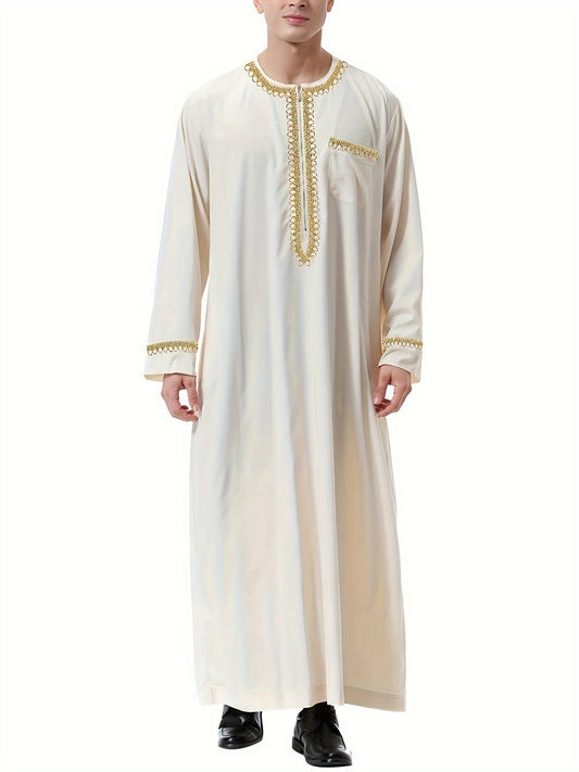 Men'S Vintage-Inspired Beige Arabian Kaftan with Golden Embroidery - Long Sleeve, Round Neck, Polyester, Non-Stretch Fabric, Perfect for Casual or Formal Occasions, Formal Attire|Vintage Kaftan|Polyester Fabric