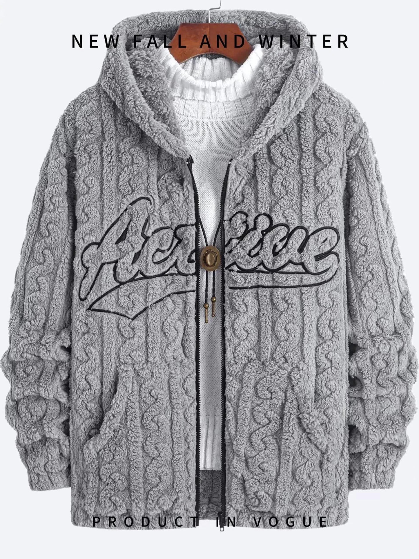 1pc Men'S Fleece Hooded Zip-Up Jacket with Embroidered Lettering - Cozy Double-Sided Plush, Long Sleeve, Regular Fit, Fall/Winter Casual Outerwear, Casual Winter Wear | Embroidered Lettering Jacket | Plush Fleece Jacket, Thic