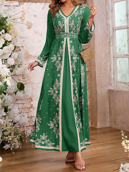 Women's Elegant Arabic Abaya Dress - Long Formal Muslim Wedding Gown with Floral Print, Navy Blue & Golden Islamic Rope for Everyday & Special Occasions - Machine Washable Non-See Through Islamic Clothing, Muslim Dress, Highq