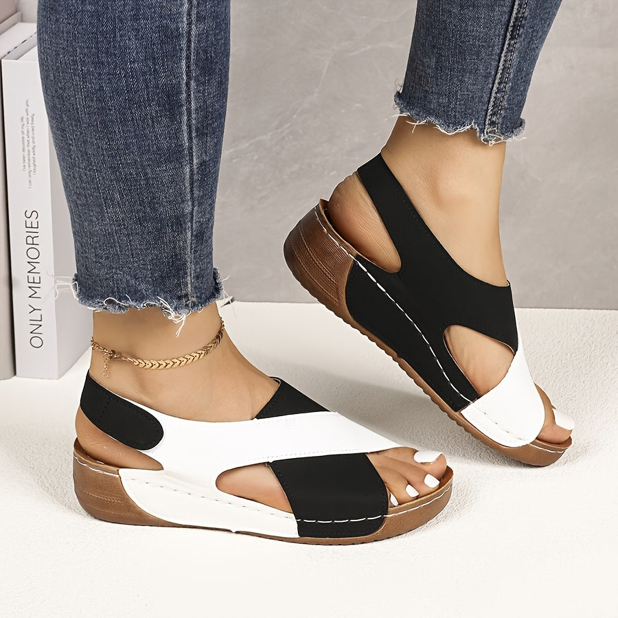 Women'S Color-Block Wedge Sandals - Open-Toe Summer Beach Shoes with Adjustable Hook-and-Loop Straps, Comfortable PU Upper & Cushioned Insole for Outdoor Wear, Strappy Sandals, Beach Footwear, Stylish Wedge Design, Durable Tr