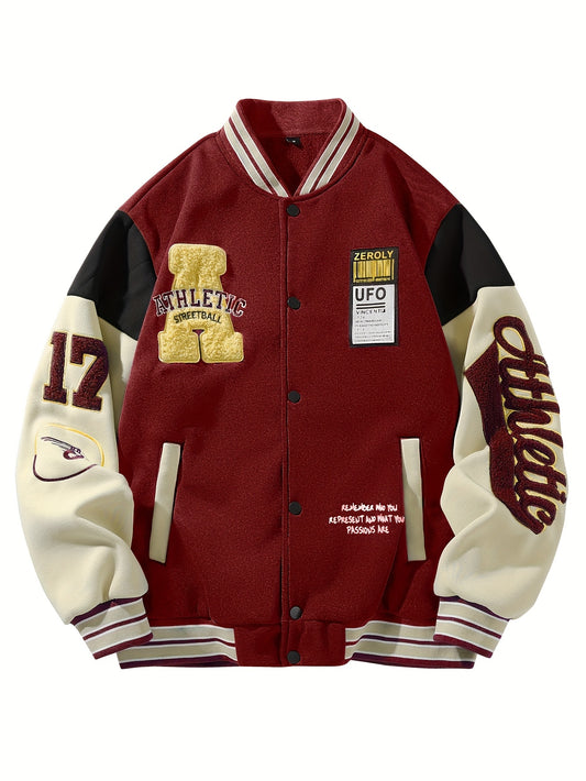 Men's Vintage Athletic Varsity Jacket with Embroidered '17' & Team Logos, Green & Color Block Design, Baseball Collar, Snap Closure, Machine Washable Casual Streetwear Jacket for Fall Winter, Sports Varsity Apparel, Durable S