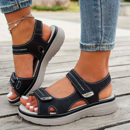 Women's Elegant Mary Jane Sandals - Adjustable Hook-and-Loop Ankle Strap, Breathable PU Cover Upper & Cushioned Insole, Comfortable Wedge Heel for Summer Beach, Casual & Outdoor Wear - Solid Color Design, Summer Beach Footwea