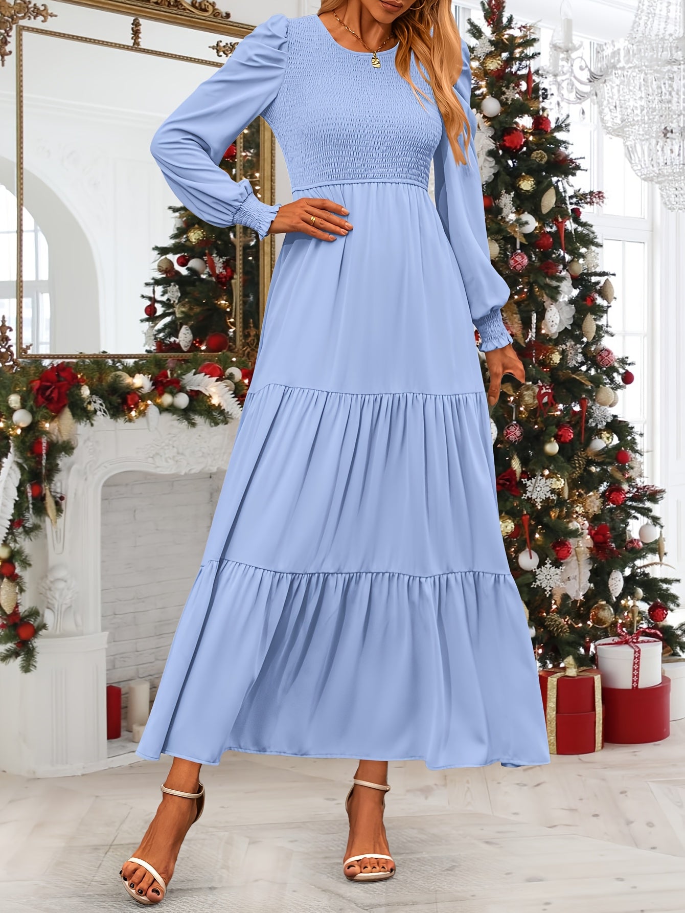 Women's Fall Wedding Guest Dress Long-sleeved Extra-long Dress Casual Crew-neck Pleated A-line Flowing Dress