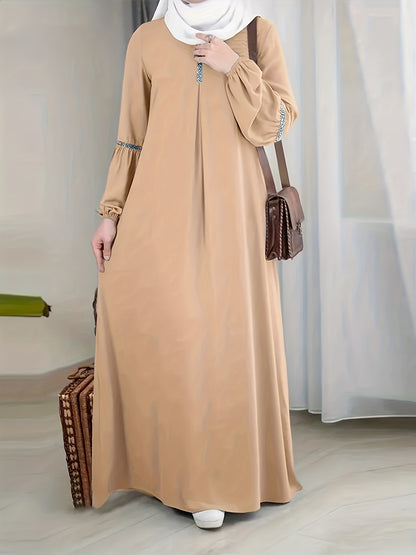 Middle Eastern Solid Color Long Sleeve Muslim Abaya Casual Sequined Dress